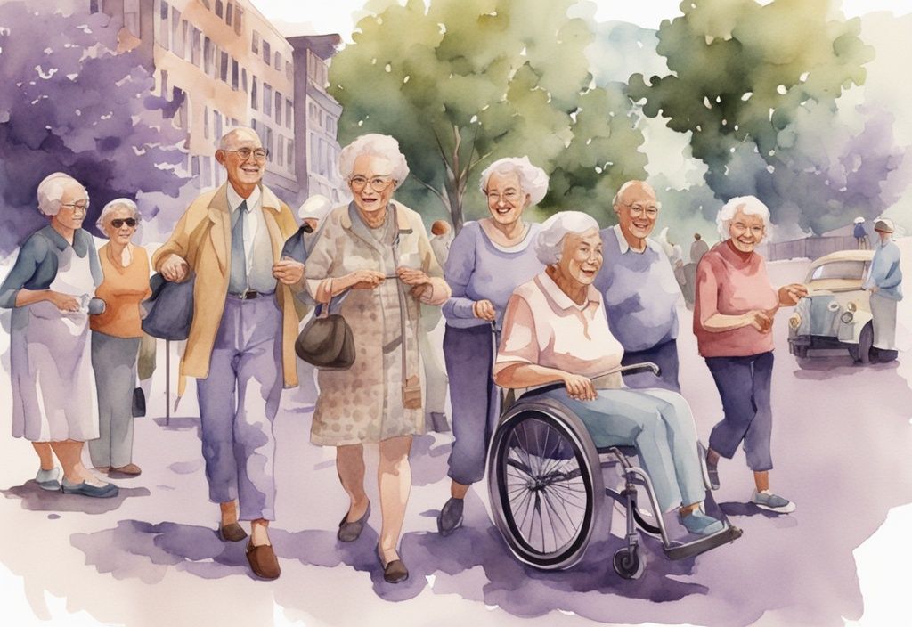 Vintage watercolor illustration of diverse elderly people engaging in activities in a modern, accessible urban environment, with a lavender color theme