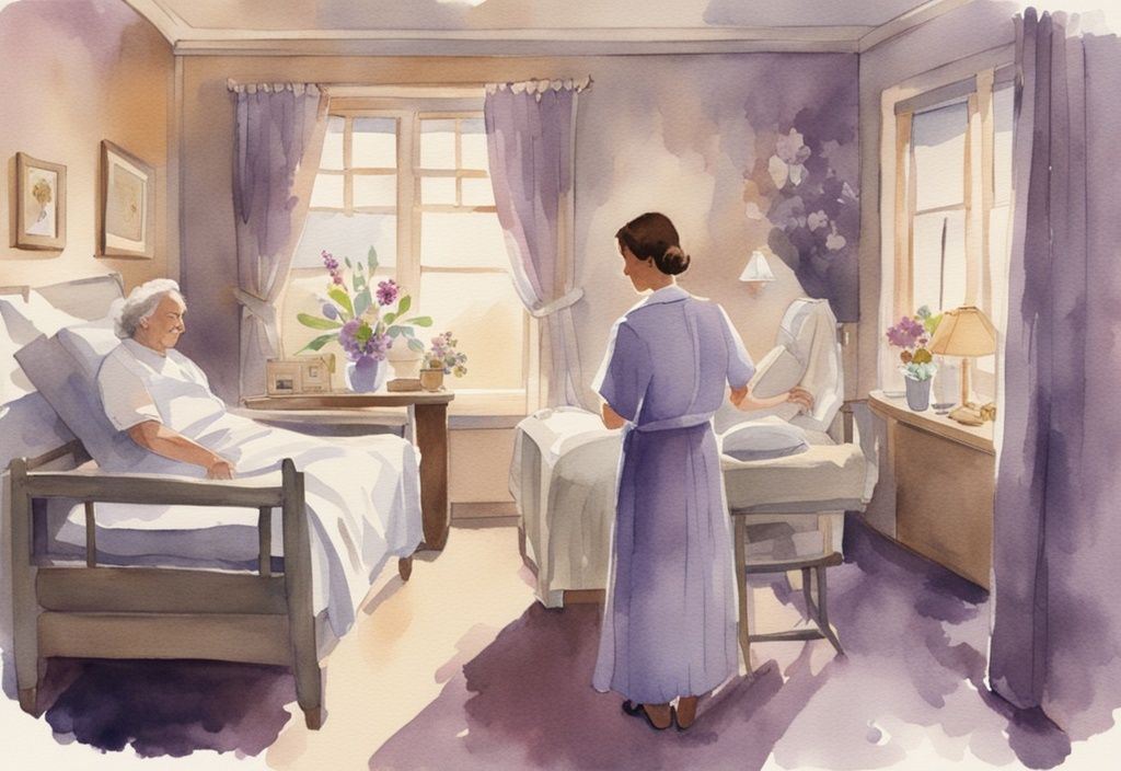 Vintage watercolor illustration of a serene hospice room in lavender tones, featuring a nurse tending to a peaceful patient with soft lighting, family photos, and comforting decor.