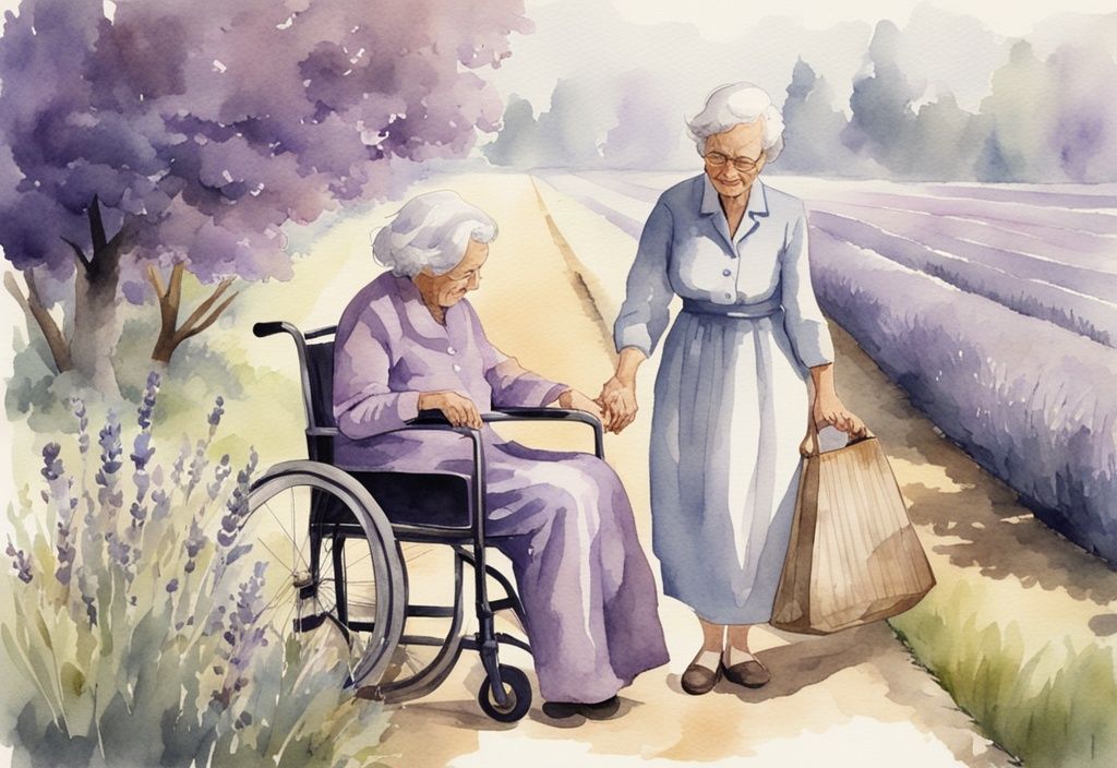 Vintage watercolor illustration of a caregiver experience, showing a compassionate caregiver assisting an elderly person with daily activities in a lavender-themed setting.