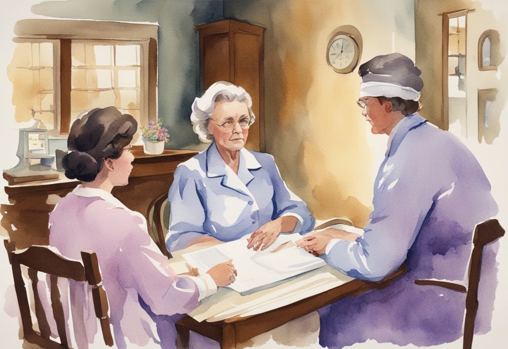 Vintage watercolor illustration of a healthcare professional in a lavender-themed hospice setting discussing hospice evaluation results with a family.