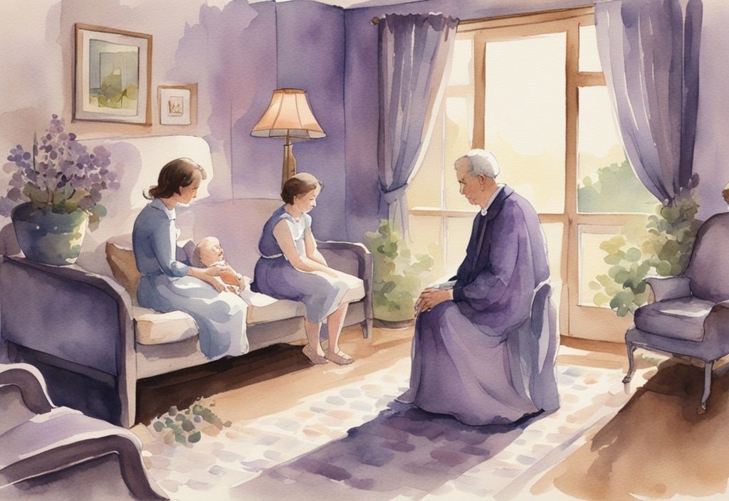 Vintage watercolor illustration of a hospice chaplain comforting a family in a softly lit, lavender-themed room.