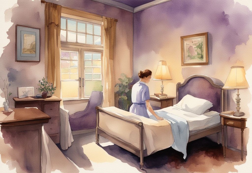 Vintage watercolor illustration of a serene hospicio room with a nurse tending to a peaceful patient, featuring lavender tones, a comfortable bed, and warm lighting.