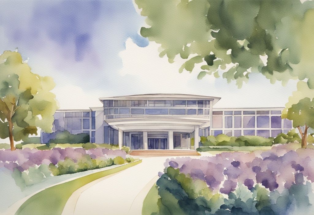 Vintage watercolor illustration of T Boone Pickens Hospice exterior with lavender theme, lush gardens, modern architecture, and clear blue sky.