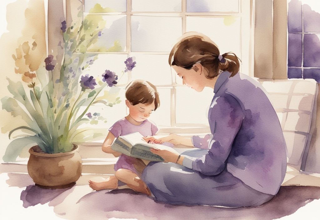 Vintage watercolor of pediatric hospice: child and healthcare professional reading or drawing in serene, lavender-themed environment.