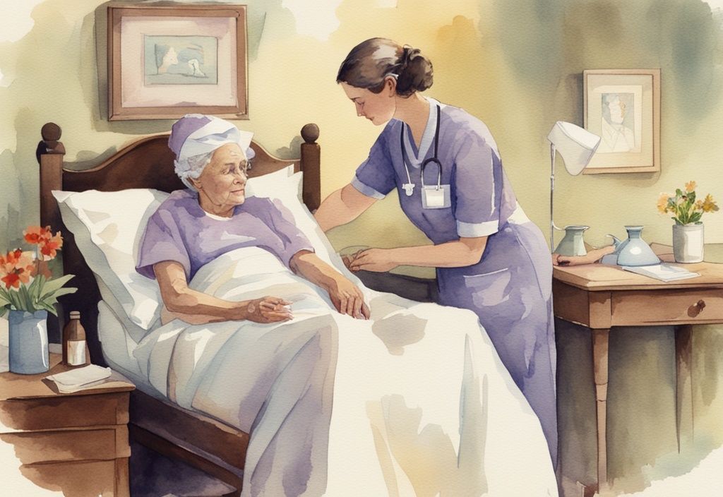 Vintage watercolor illustration of a compassionate nurse caring for a peaceful elderly patient in a serene hospice environment, main color theme lavender.