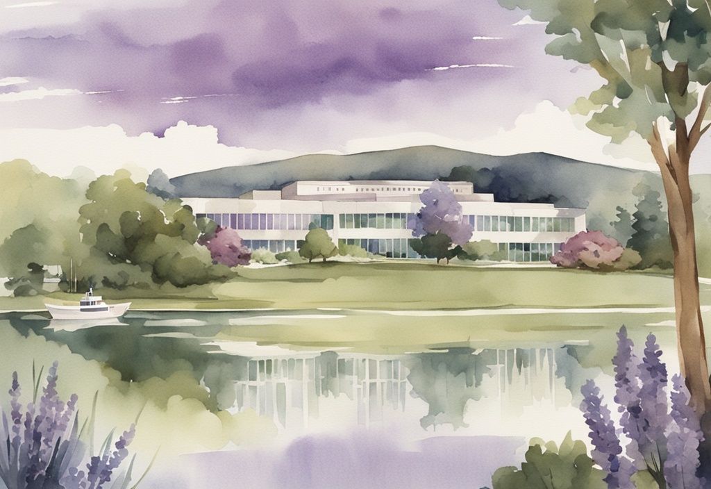 Vintage watercolor illustration of modern healthcare facility in Lakeland with lavender theme, lush greenery, and serene lake background