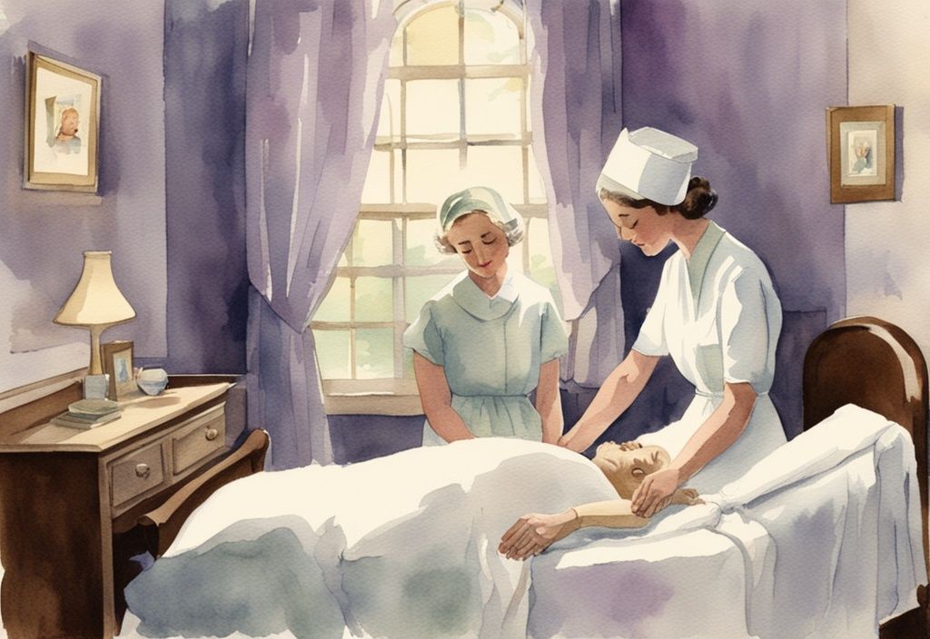 Vintage watercolor illustration of a lavender-themed inpatient hospice room with a nurse tending to a resting patient