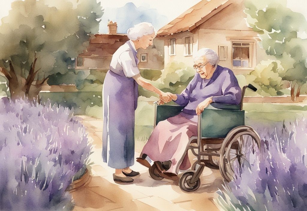 Vintage watercolor illustration of a caregiver assisting an elderly person in a lavender-themed, warmly-lit homely environment.