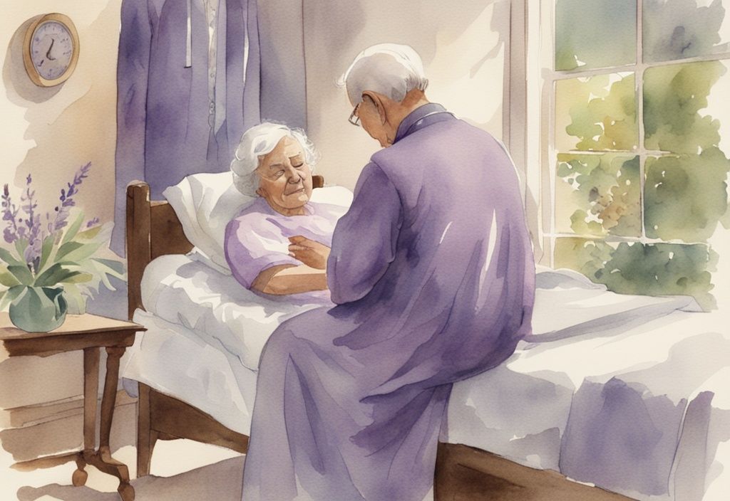 Vintage watercolor illustration of a hospice chaplain comforting a patient, serene and compassionate atmosphere, lavender theme, hospice chaplain jobs.