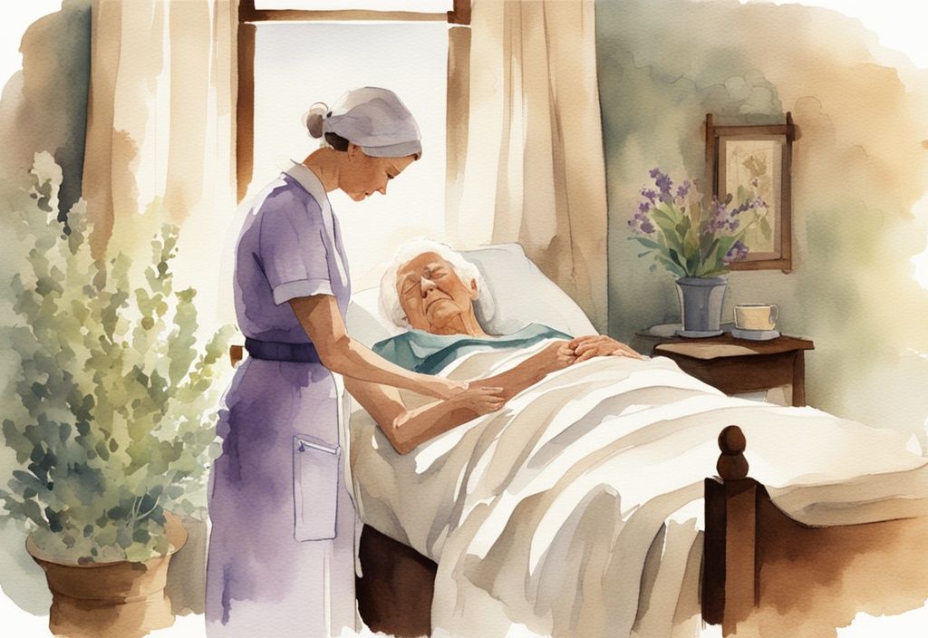 Vintage watercolor illustration of a compassionate nurse comforting a peaceful elderly patient in a serene lavender-themed hospice environment