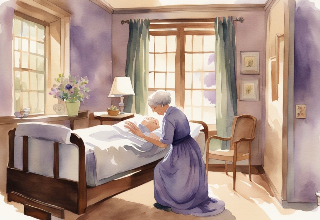 Vintage watercolor illustration of routine hospice care in a serene room with a caregiver tending to a peaceful elderly patient, main color theme lavender.