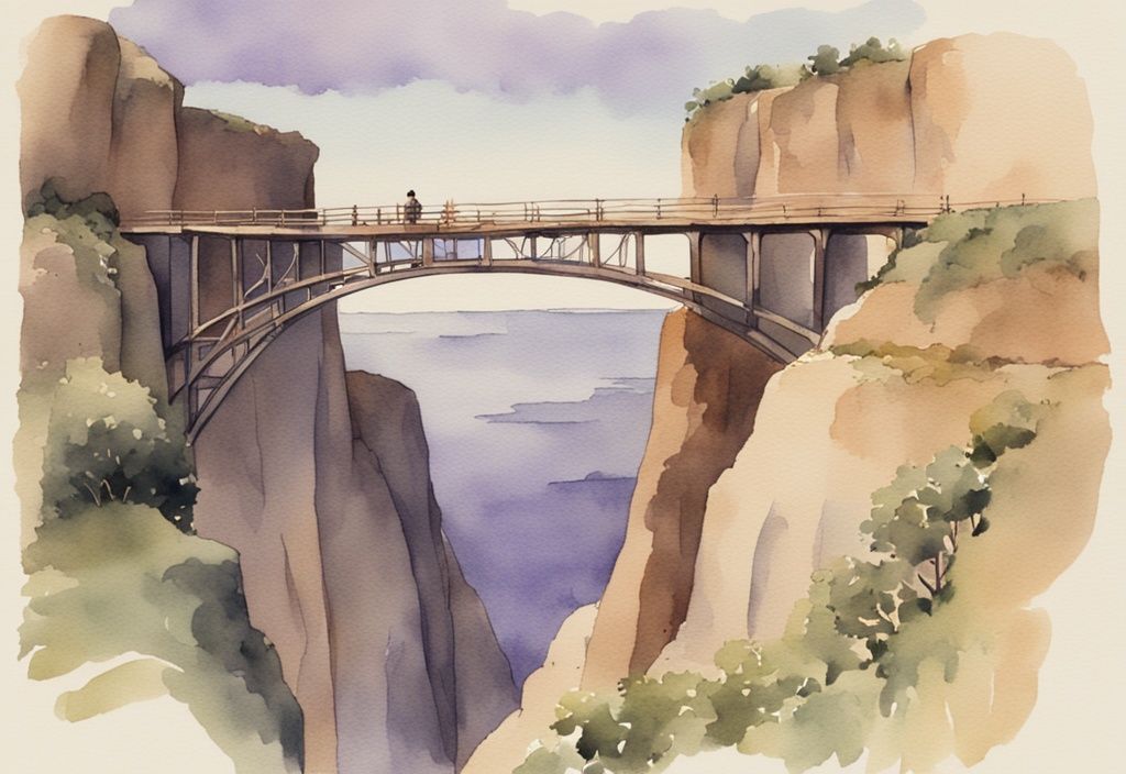 Vintage watercolor illustration of a lavender-themed bridge connecting two cliffs, symbolizing trust and connection