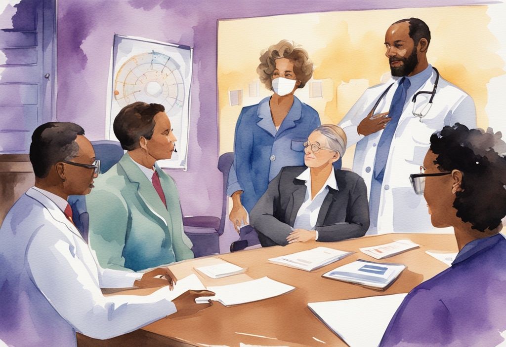 Vintage watercolor illustration of diverse health professionals in a meeting with SAMHSA logo on projector screen, lavender color theme