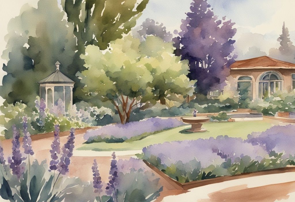 Vintage watercolor illustration of a hospice in Sacramento with lavender hues, lush greenery, peaceful garden, and staff providing compassionate care to a patient.