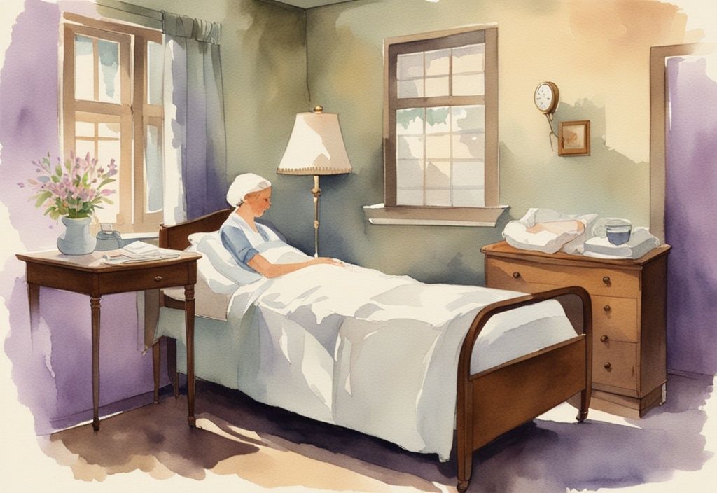 Vintage watercolor illustration of a serene inpatient hospice room with a comfortable bed, soft lighting, and a nurse attending to a peaceful patient, main color theme lavender.