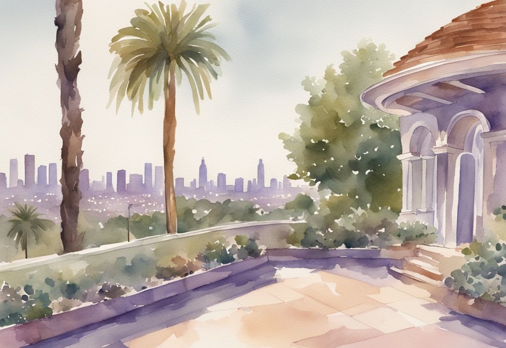 Vintage watercolor illustration of a serene hospice Los Angeles environment with lavender hues, palm trees, and city skyline in the background.