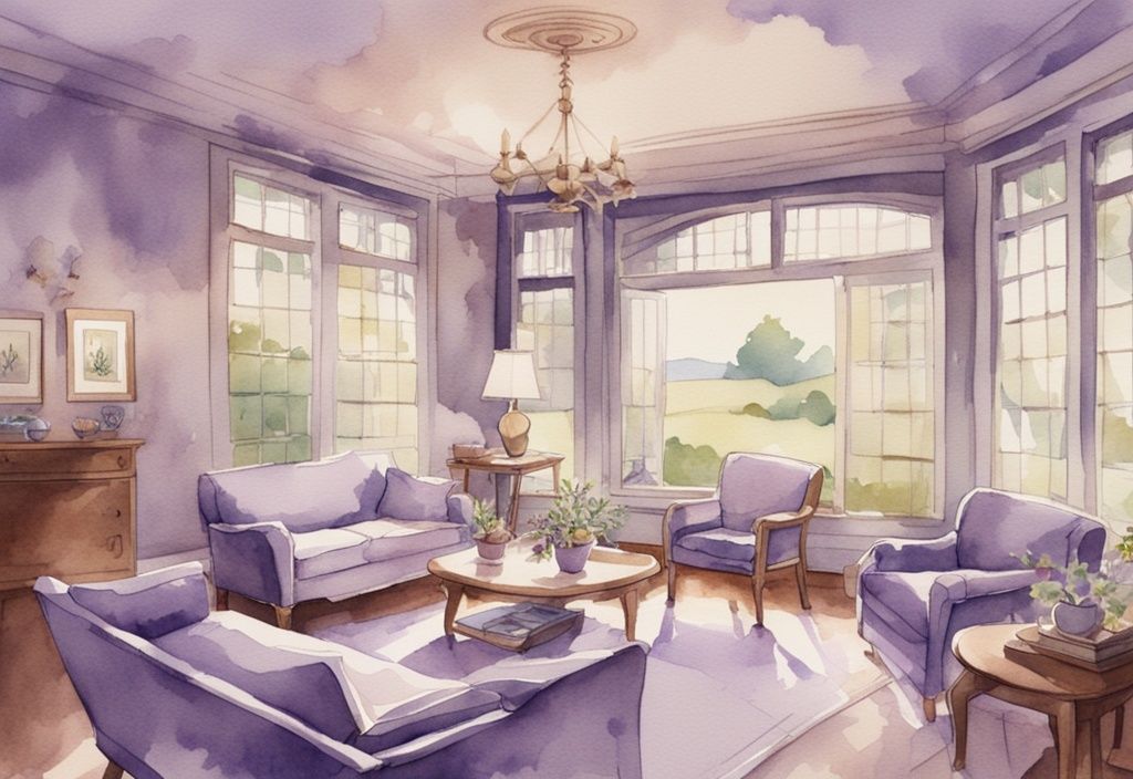 Vintage watercolor illustration of the best hospice room with lavender theme, large windows, soft lighting, comfortable furniture, and peaceful outdoor view.