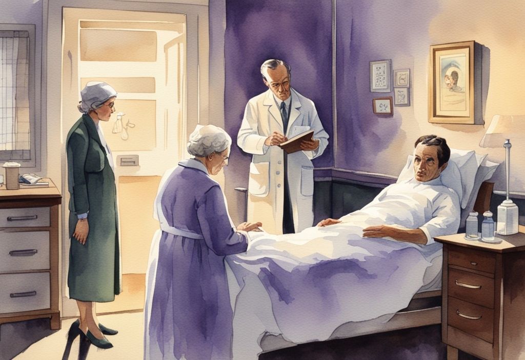 Vintage watercolor illustration of a doctor discussing sepsis end of life symptoms with a family in a quiet hospital room, lavender color theme.