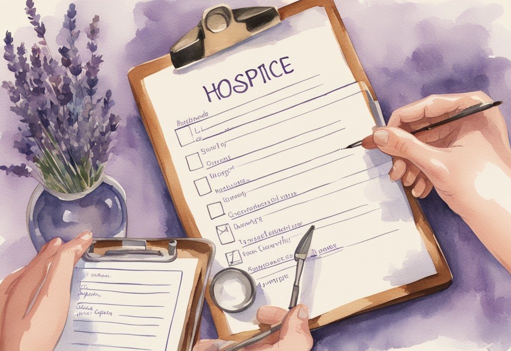 Vintage watercolor illustration of a hospice care checklist being ticked off on a clipboard in a serene lavender-themed hospice room setting