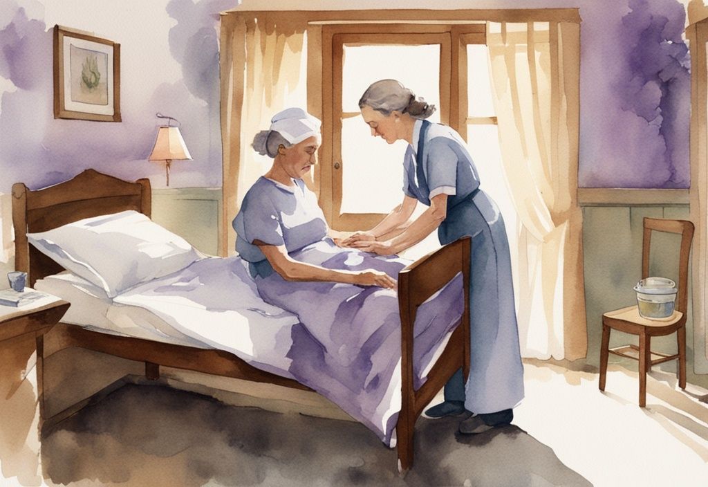 Vintage watercolor illustration of a compassionate nurse caring for a peaceful elderly patient in a serene lavender-themed hospice environment