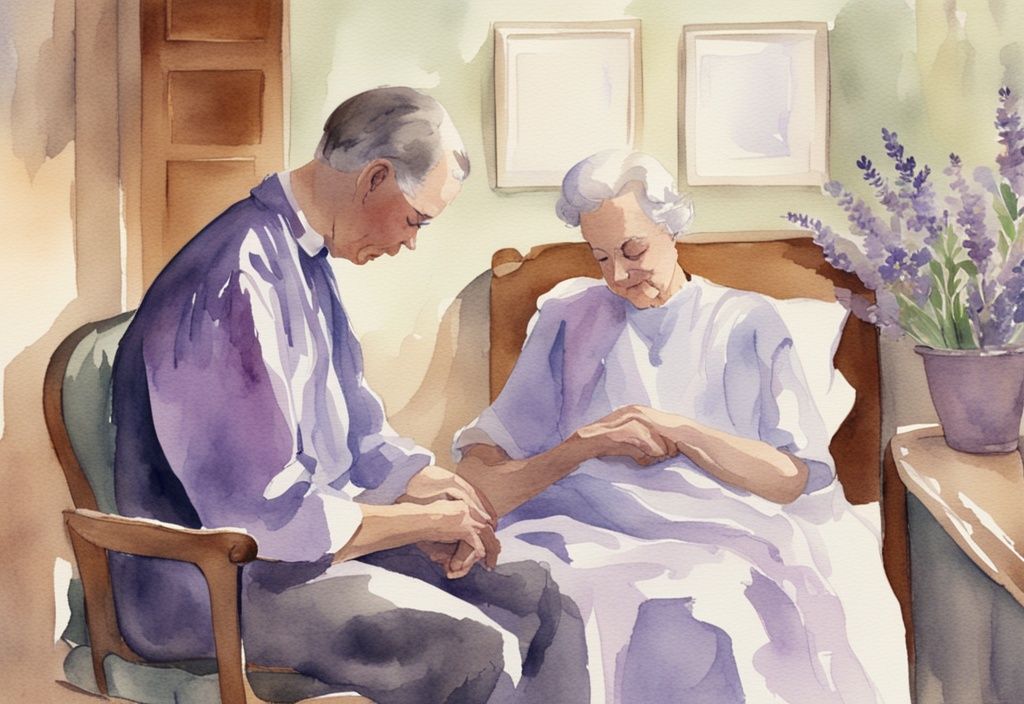 Vintage watercolor illustration of a hospice chaplain comforting a patient in a serene lavender-themed setting, highlighting hospice chaplain jobs.