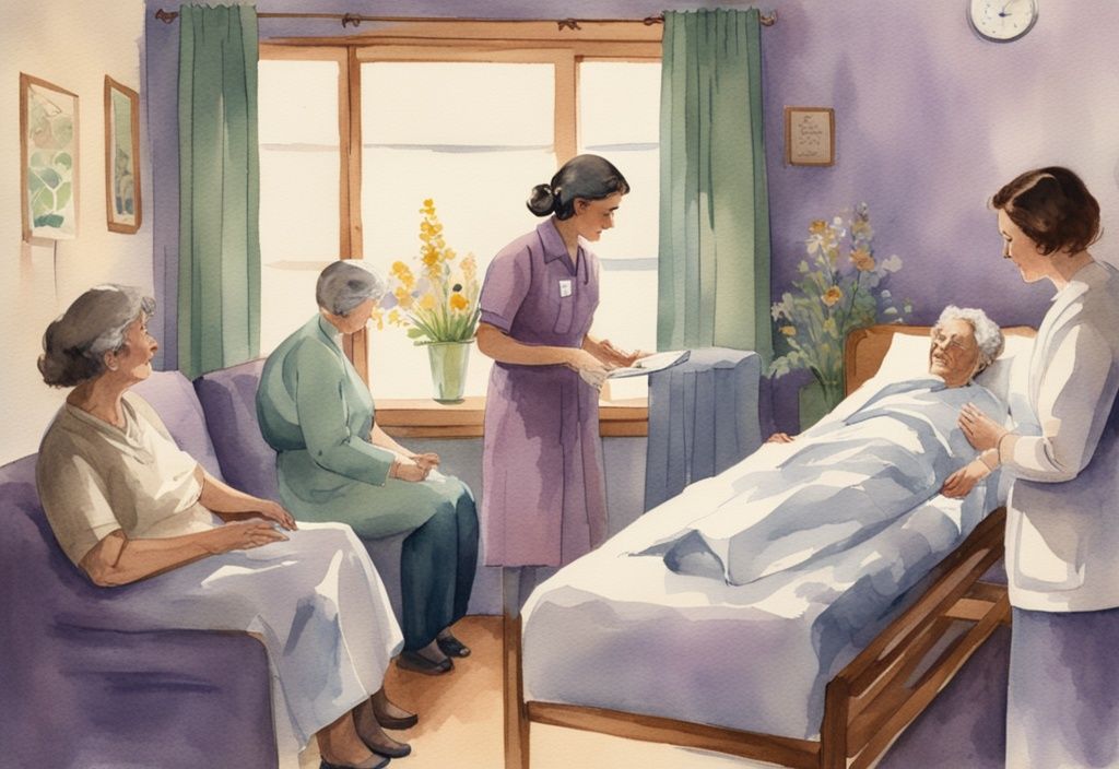 Vintage watercolor illustration of a compassionate medical social worker in a lavender-themed hospice setting, gently interacting with a patient and their family.