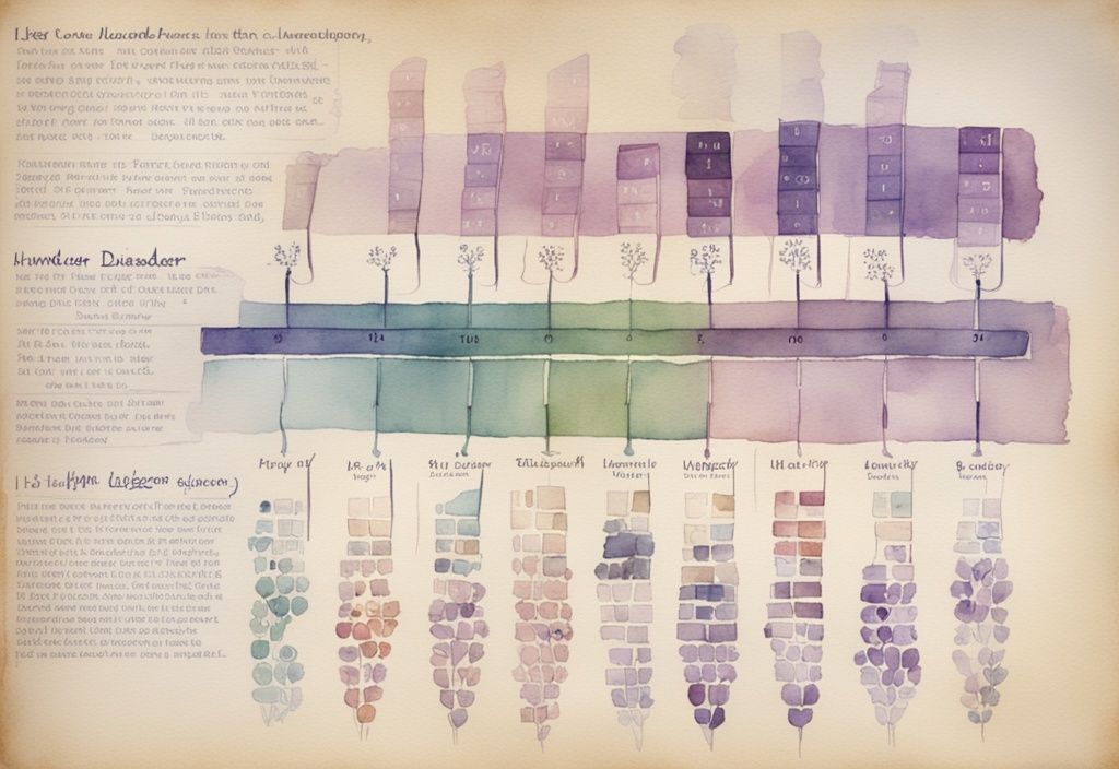 Vintage watercolor illustration showing the stages of Huntington's Disease timeline with lavender color theme and descriptive text markers.