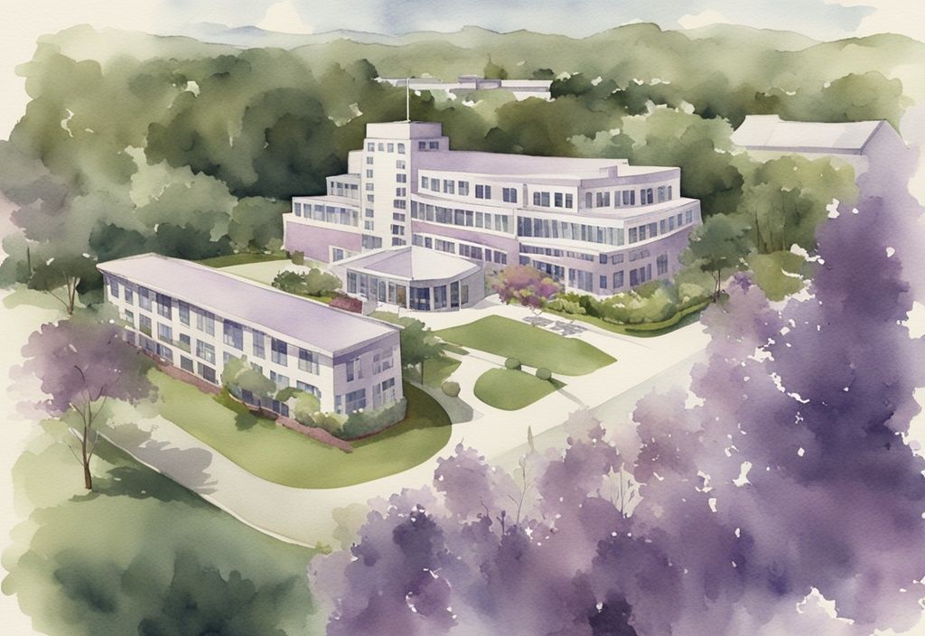 Vintage watercolor illustration of a modern healthcare facility surrounded by lush greenery in Lakeland, with a lavender color theme.