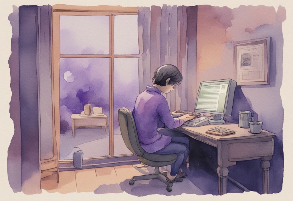 Vintage watercolor illustration of a person in a dimly lit room, hunched over a computer displaying the Reddit homepage with a visible subreddit about depression, main color theme lavender.